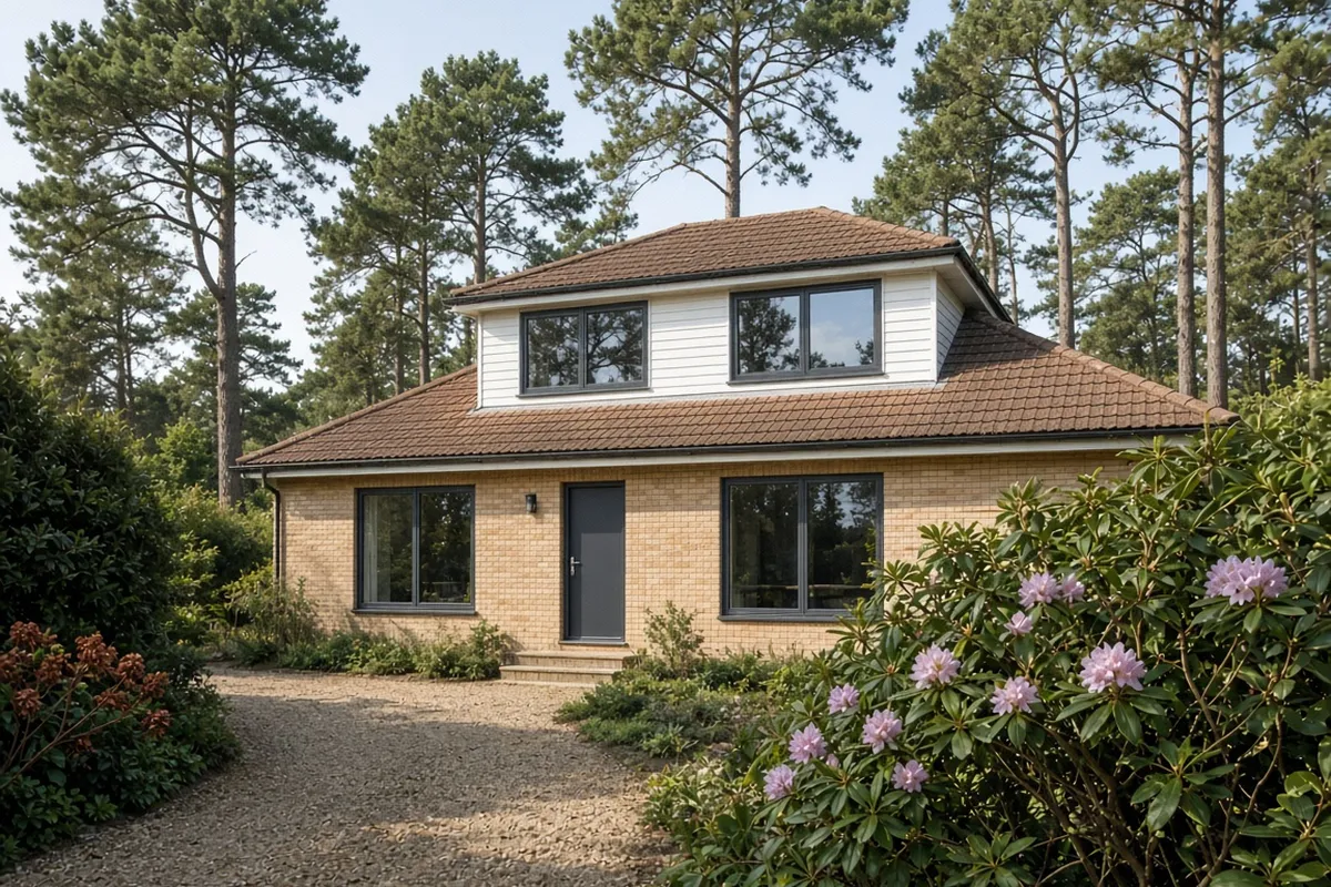 A 1960s detached chalet-style house with new anthracite grey aluminium windows among pine trees
