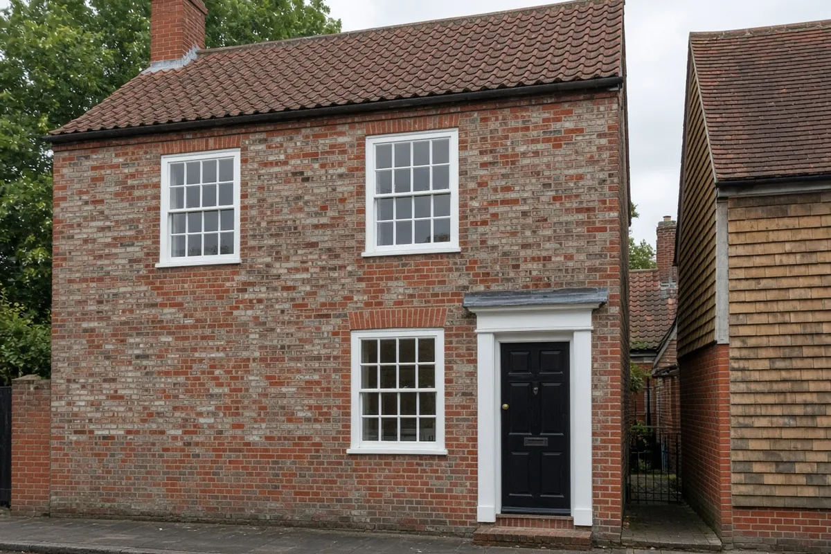 A brick village house with painted timber box sash windows of the kind found in the Rotherfield Conservation Area