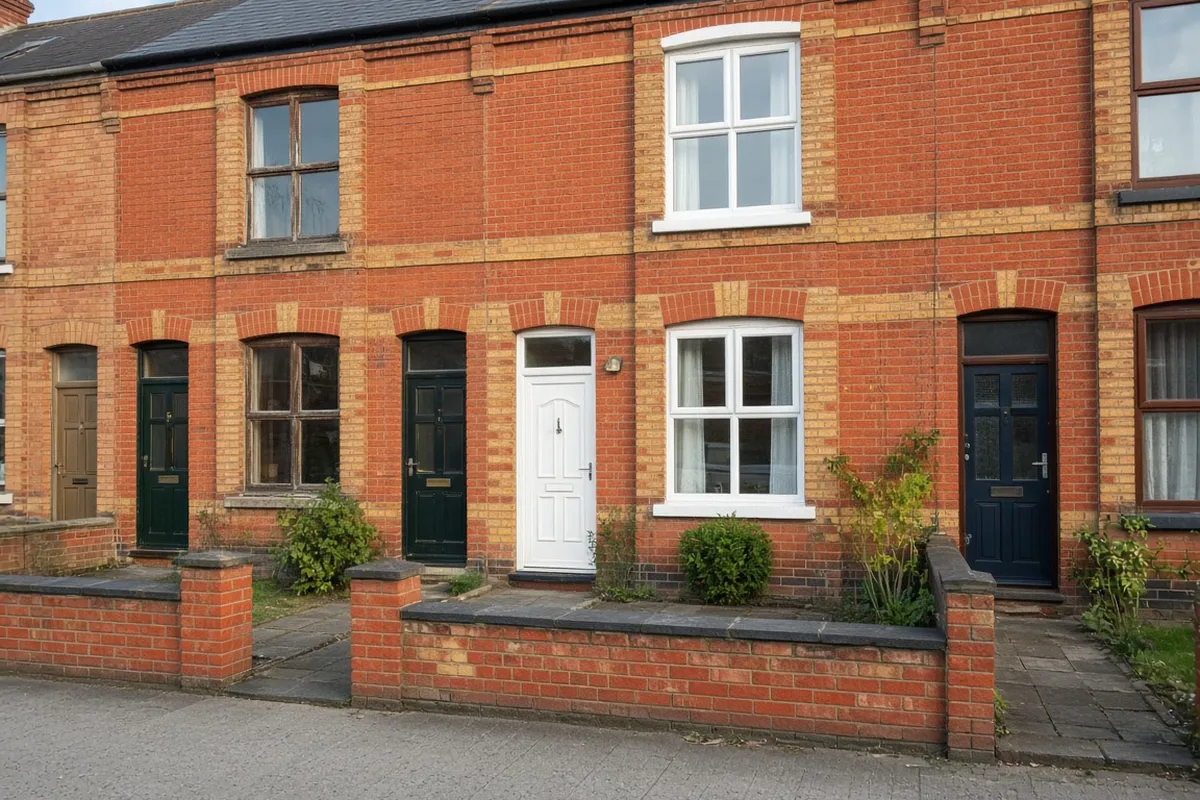 A row of Victorian brick terraced houses with white uPVC sash windows, of the kind found on Victoria Road and Western Road in Jarvis Brook