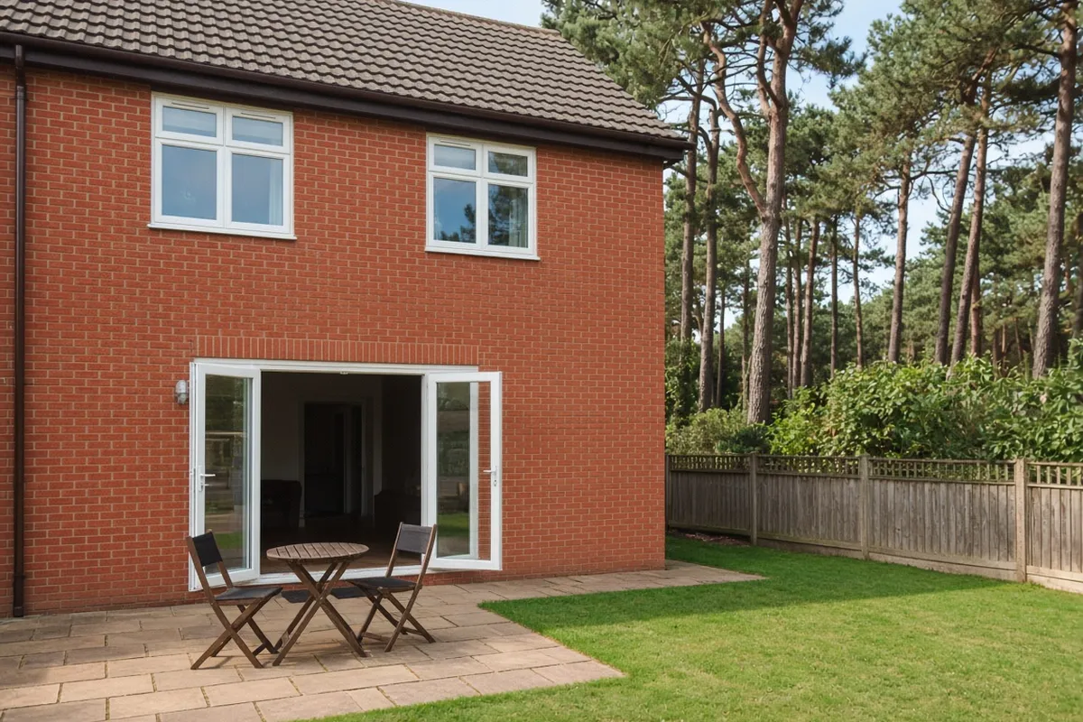 White uPVC French doors opening from the back of a 1980s brick house onto a patio and lawn