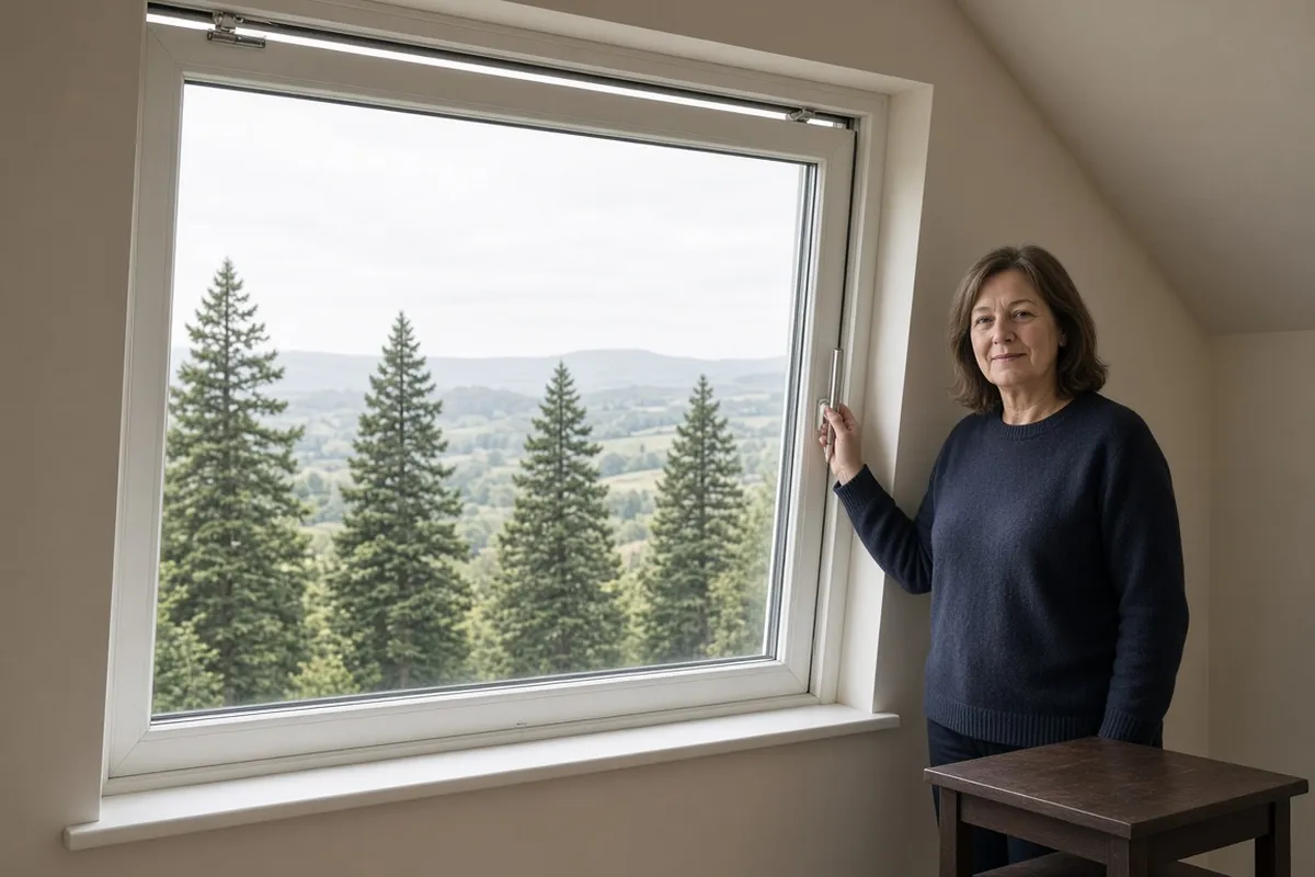 A homeowner standing beside a large new white uPVC tilt-and-turn window in an upstairs room, with pines outside