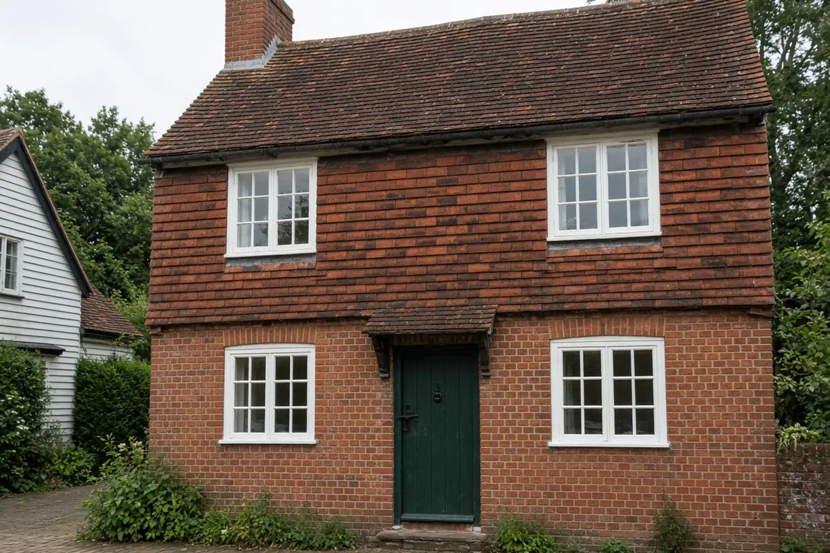 A tile-hung cottage with painted timber casement windows, typical of the estate cottages around Eridge Green